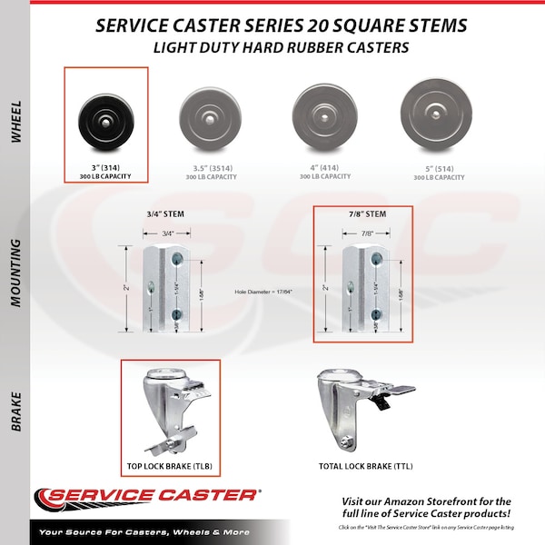 Service Caster 3 Inch Hard Rubber Wheel Swivel 7/8 Inch Square Stem Caster with Brake SCC SCC-SQ20S314-HRS-TLB-78 - main